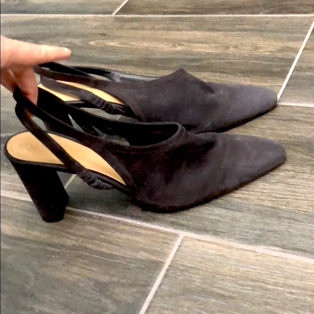 The Row sling backs dark grey suede heels